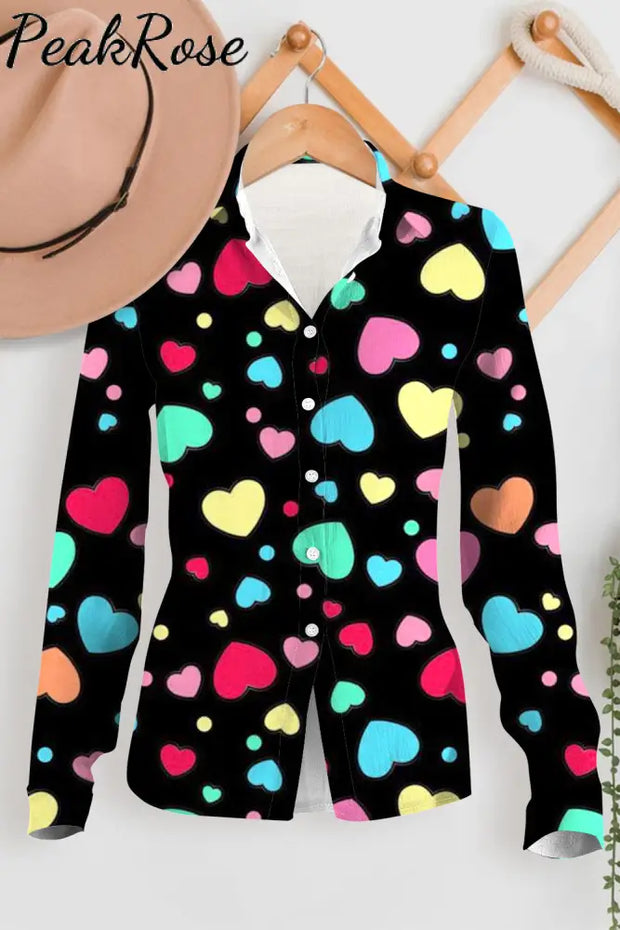 Colorful Love Heart Print Long Sleeve Shirt Women