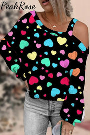 Colorful Love Heart Print Off-Shoulder Blouse