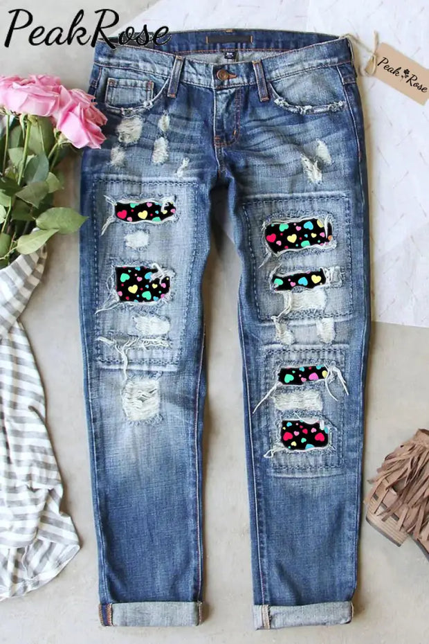 Colorful Love Heart Print Ripped Denim Jeans