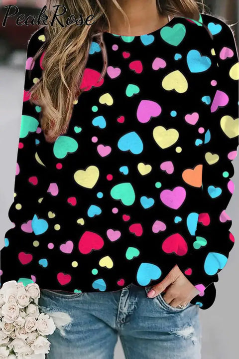 Colorful Love Heart Print Sweatshirt S / Black