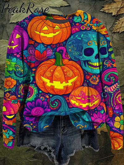 Colorful Pumpkin Lantern Halloween Art Print Unisex Crew Neck Long Sleeve Sweatshirt / S Hot Sell