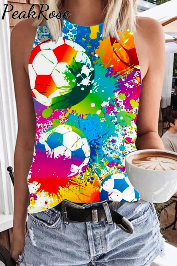 Colorful Retro Splatter Soccer Ball Mom Print Tank Top