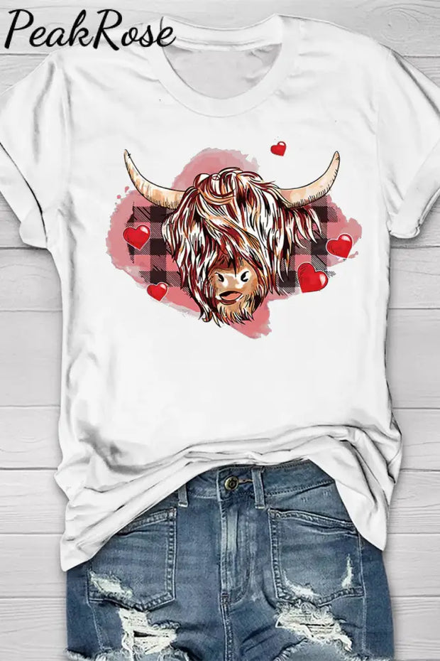 Cow Heart-Shaped Western Print Round Neck Casual T-Shirt T-Shirt