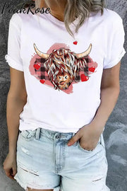 Cow Heart-Shaped Western Print Round Neck Casual T-Shirt S / White T-Shirt