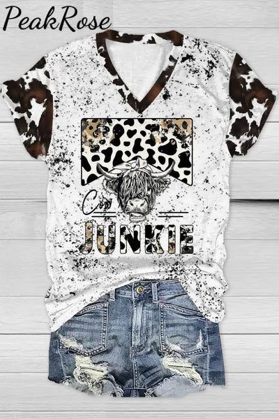 Cow Junkie Print V Neck T-Shirt T-Shirt