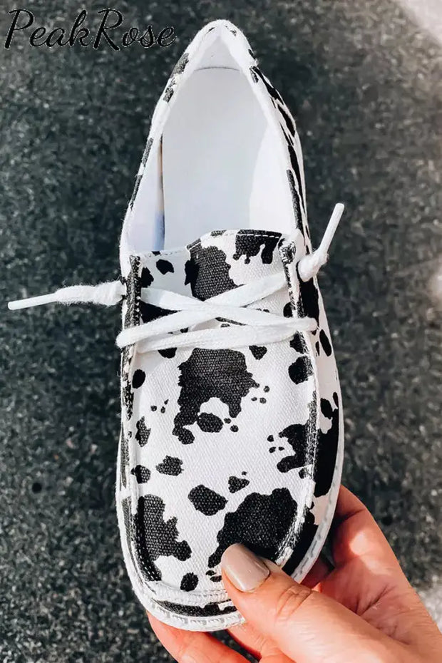 Cow Print Lace Up Slip On Round Toe Flat Sneakers On