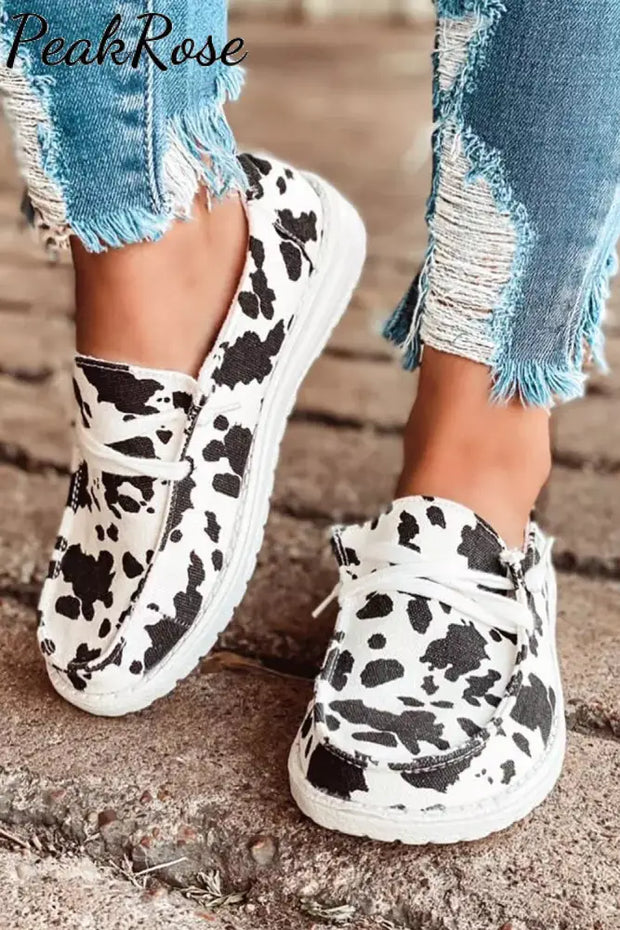 Cow Print Lace Up Slip On Round Toe Flat Sneakers / 5.5(35) On