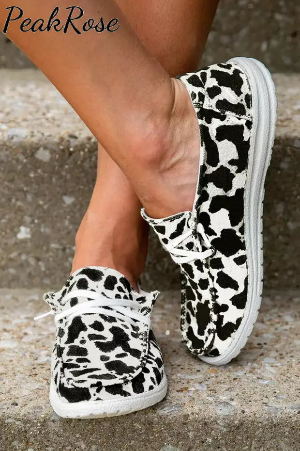 Cow Print Lace Up Slip On Round Toe Flat Sneakers On