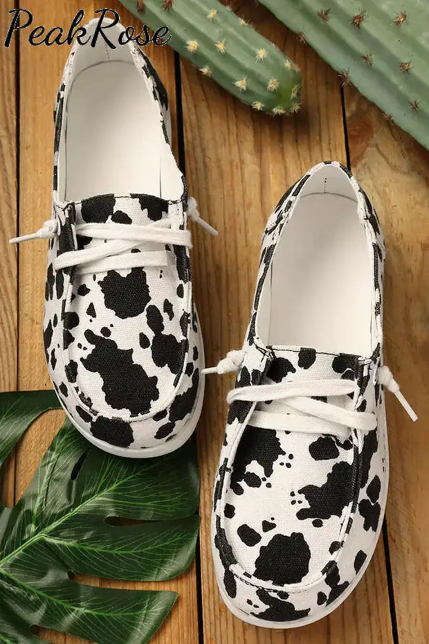 Cow Print Lace Up Slip On Round Toe Flat Sneakers On