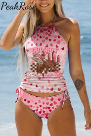 Cowboy Take Me Away Print Bikini Swimsuit S / Pink