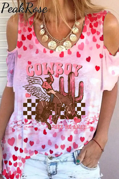 Cowboy Take Me Away Print Cold Shoulder T-Shirt T-Shirt