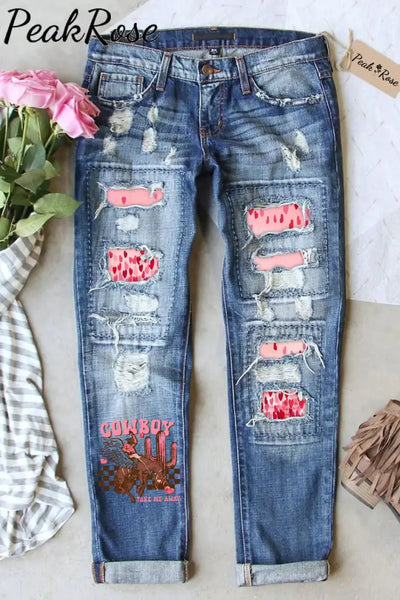 Cowboy Take Me Away Print Ripped Denim Jeans