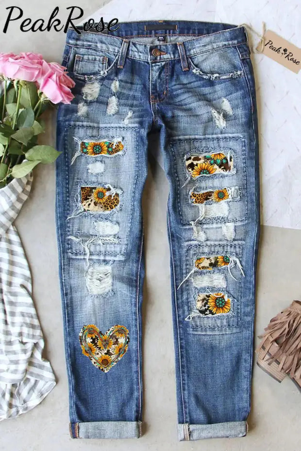 Cowhide Heart And Sunflower Print Ripped Denim Jeans