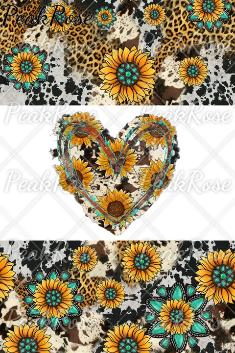 Cowhide Heart And Sunflower Print Ripped Denim Jeans