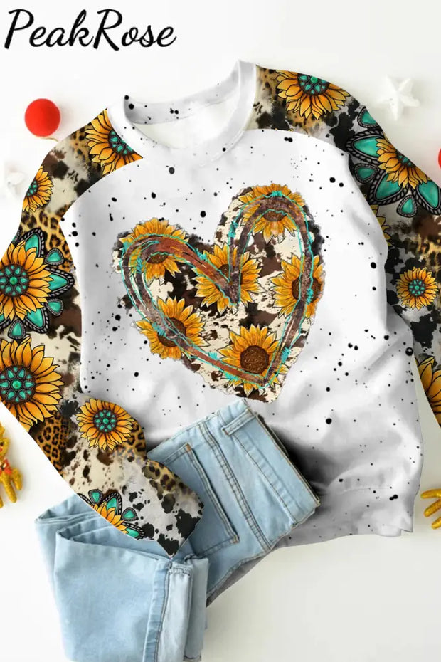 Cowhide Heart And Sunflower Print Sweatshirt