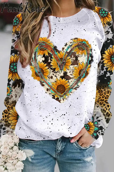 Cowhide Heart And Sunflower Print Sweatshirt S / Polka