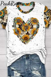 Cowhide Heart And Sunflower Print T-Shirt T-Shirt