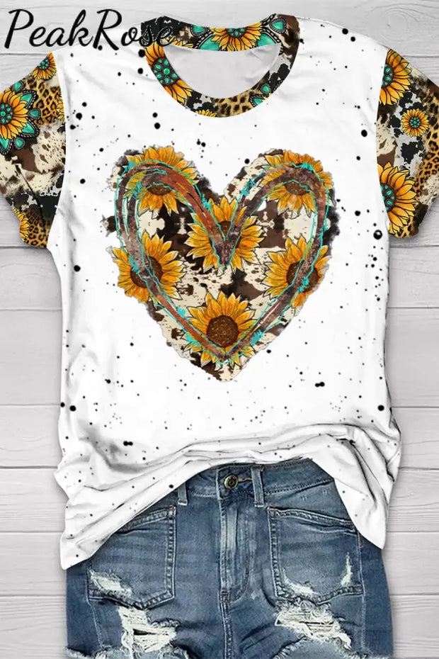 Cowhide Heart And Sunflower Print T-Shirt T-Shirt