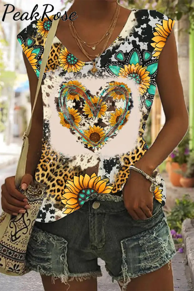 Cowhide Heart And Sunflower Print Tank Top S / Yellow V-Neck