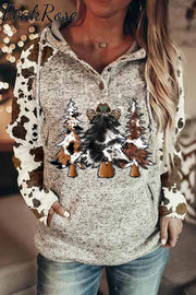 Cowhide Trees Christmas Western Print Button Hoodie S / Photo Color