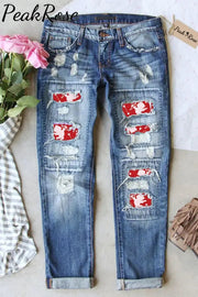 Cupid Full Print Vintage Ripped Denim Jeans