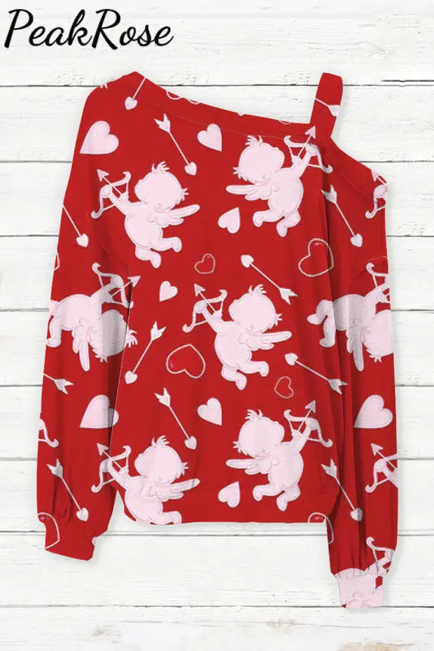 Cupid Full Print Vintage Strapless Diagonal Neck Long Sleeve Blouse