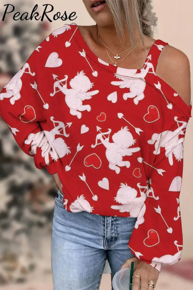 Cupid Full Print Vintage Strapless Diagonal Neck Long Sleeve Blouse S / Red