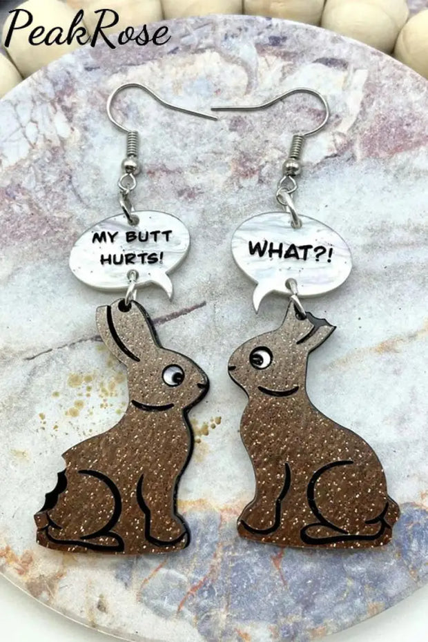 Cute Broken Ears Bunny Rabbit Dialogue Wooden Earrings One-Size