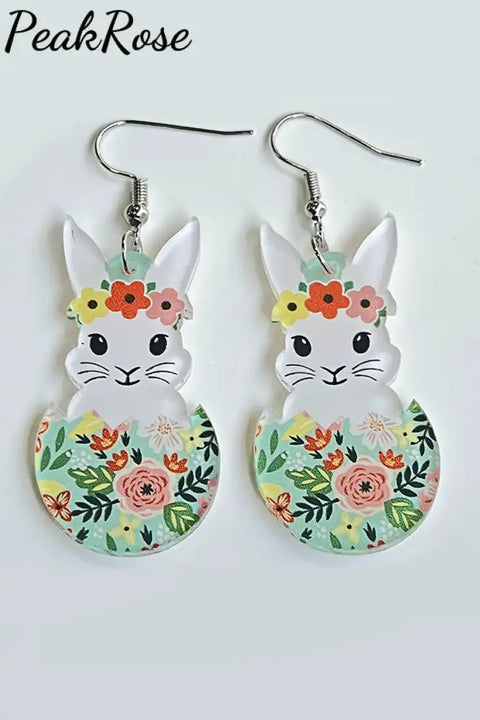 Cute Broken Egg Bunny Rabbit Wearing Spring Flower Wreath Earrings