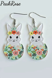 Cute Broken Egg Bunny Rabbit Wearing Spring Flower Wreath Earrings One-Size