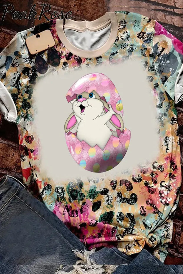 Cute Bunny In The Egg Easter Print Round Neck Short Sleeve T-Shirt