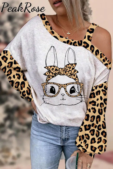 Cute Bunny With Leopard Bandana And Glasses Print Off-Shoulder Blouse