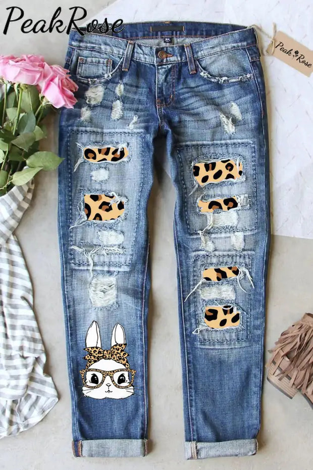 Cute Bunny With Leopard Bandana And Glasses Print Ripped Denim Jeans S