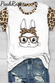 Cute Bunny With Leopard Bandana And Glasses Print Short Sleeve T-Shirt