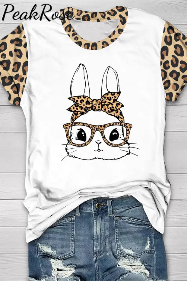 Cute Bunny With Leopard Bandana And Glasses Print Short Sleeve T-Shirt