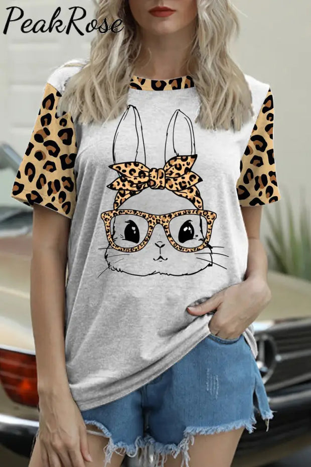 Cute Bunny With Leopard Bandana And Glasses Print Short Sleeve T-Shirt S /