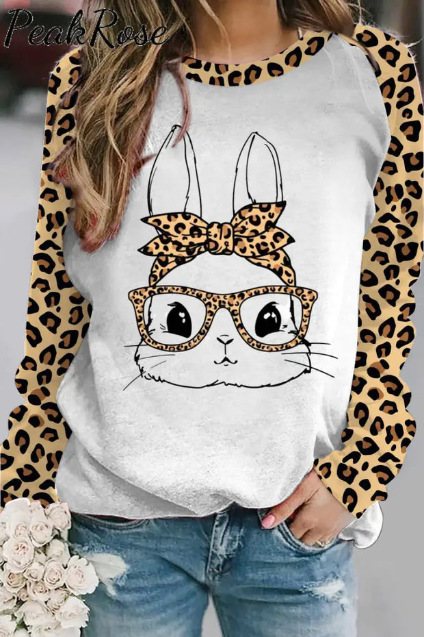 Cute Bunny With Leopard Bandana And Glasses Print Sweatshirt S /