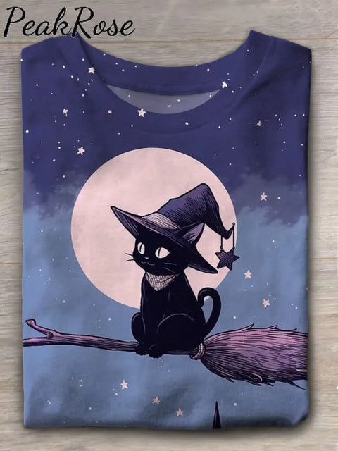 Cute Cat Witch Crew Neck T-Shirt Hot Sell