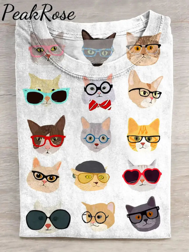 Cute Cat With Glasses Art Print Casaul Short Sleeve T-Shirt Hot Sell