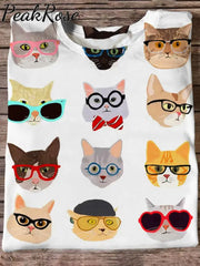 Cute Cat With Glasses Art Print Casaul Short Sleeve T-Shirt Multicolor / S Hot Sell