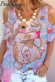 Cute Cupid Bunny Shoots Heart Arrow Tie Dye Printed Cold Shoulder T-Shirt S / Photo Color T-Shirt