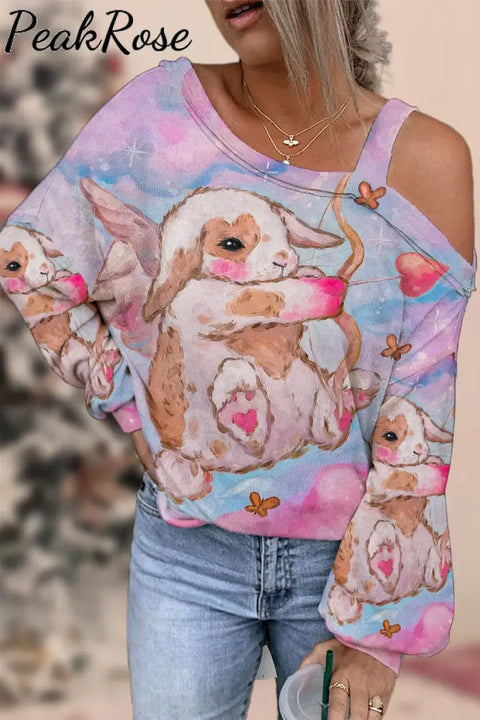 Cute Cupid Bunny Shoots Heart Arrow Tie Dye Printed Off Shoulder Blouse S / Photo Color