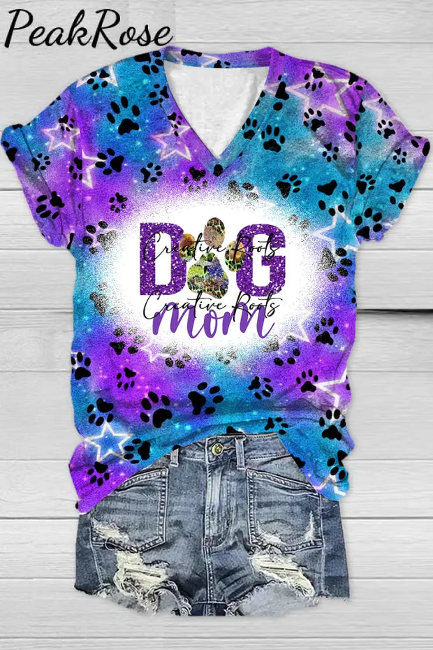 Cute Dog Paw Roaming The Milky Way Starry Sky Mom Print V Neck T-Shirt