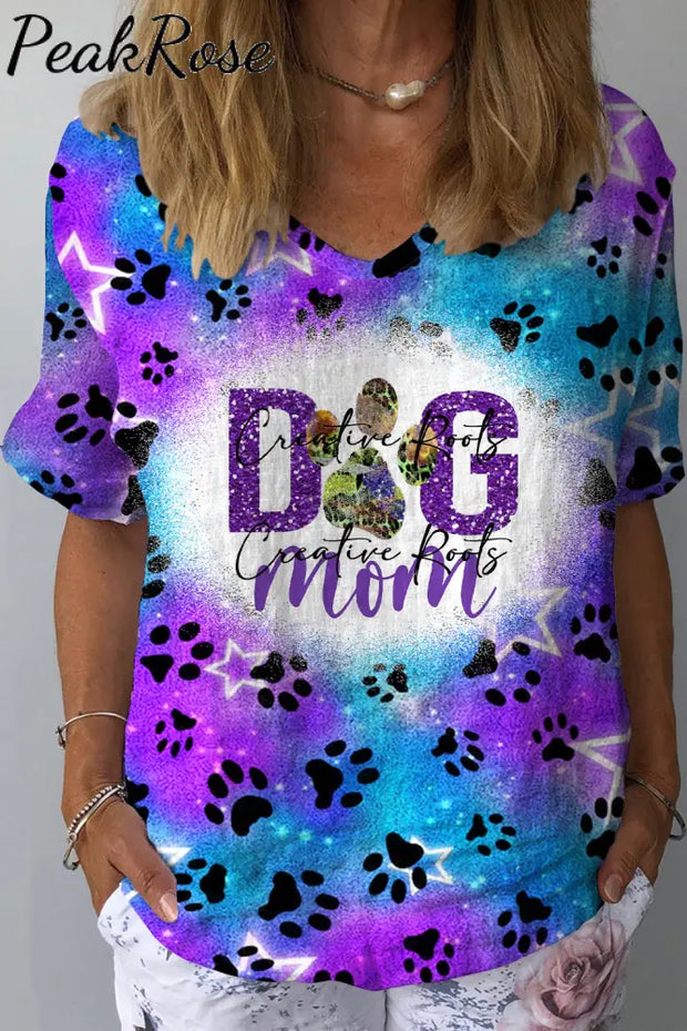 Cute Dog Paw Roaming The Milky Way Starry Sky Mom V Neck Short Sleeves Tee Dolman