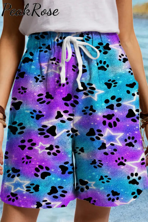 Cute Dog Paws Roaming In The Romantic Milky Way Starry Sky Drawstring Waist Casual Shorts