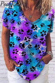 Cute Dog Paws Roaming In The Romantic Milky Way Starry Sky Fold V Neck Loose T-Shirt S / Tie Dye