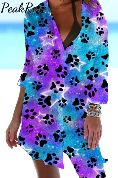 Cute Dog Paws Roaming In The Romantic Milky Way Starry Sky Patch Front Pockets Shirt S / Tie Dye