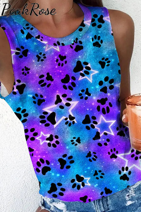 Cute Dog Paws Roaming In The Romantic Milky Way Starry Sky Round Neck Tank Top