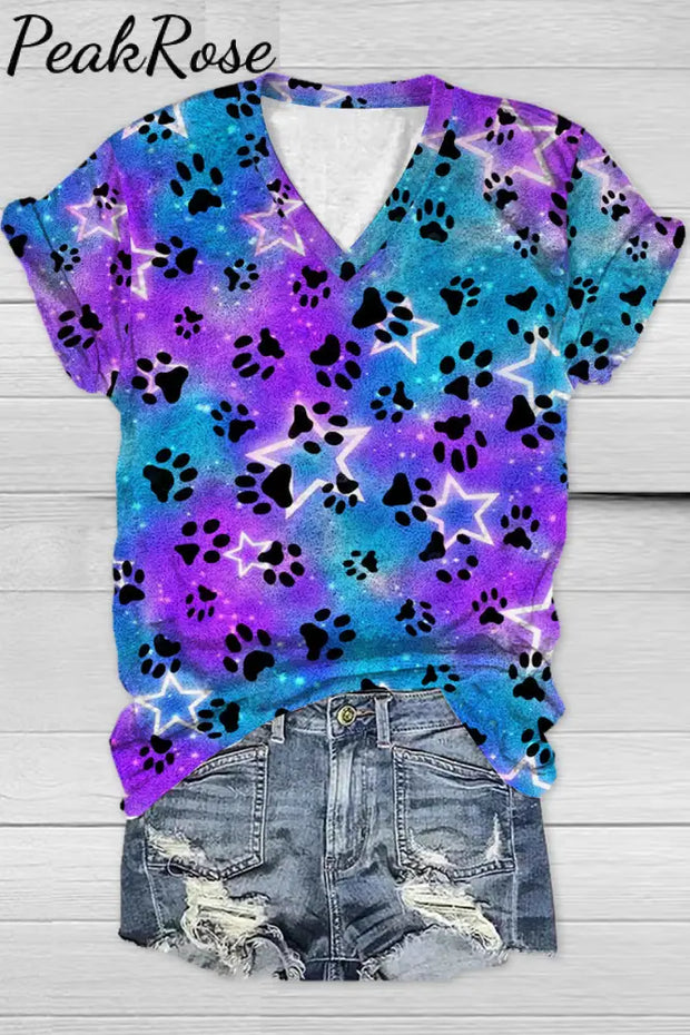 Cute Dog Paws Roaming In The Romantic Milky Way Starry Sky V Neck T-Shirt T-Shirt