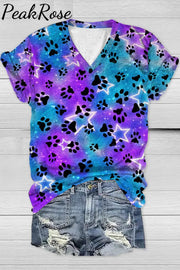 Cute Dog Paws Roaming In The Romantic Milky Way Starry Sky V Neck T-Shirt S / Tie Dye T-Shirt